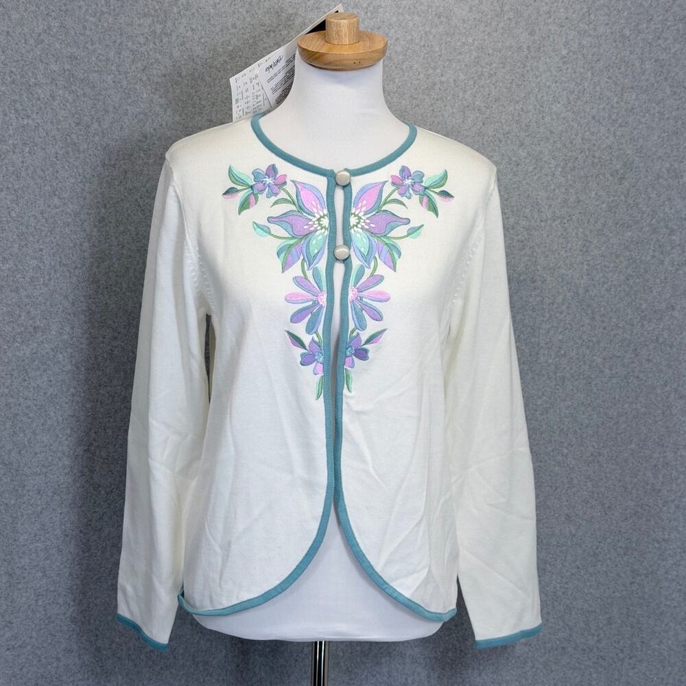 Bob Mackie Women's Ivory S Floral Embroidered Cardigan Sweater Cotton Blend